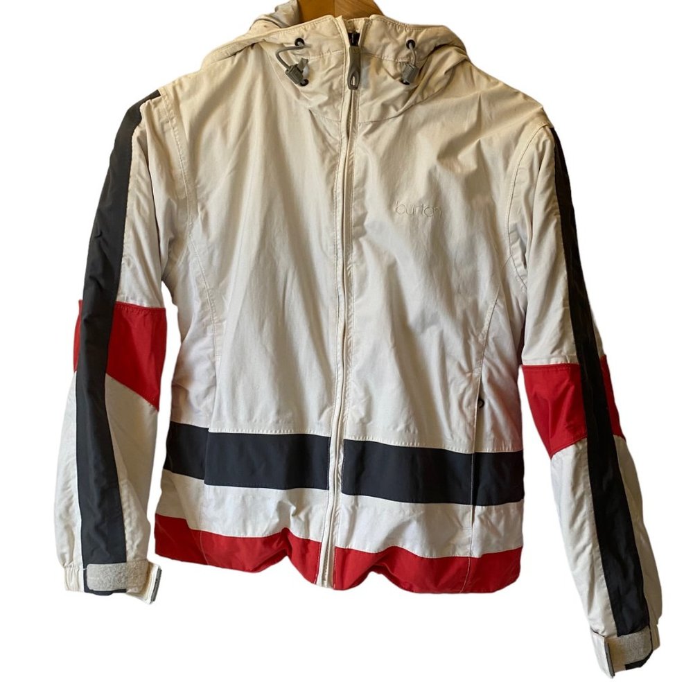 Burton snow ski hooded jacket white red waist belt zip pockets women XS